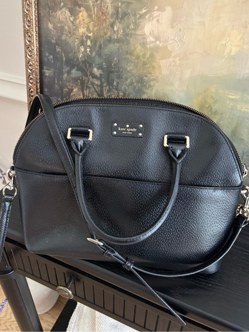 kate spade Black Pebbled Leather Dome Satchel with Crossbody Strap